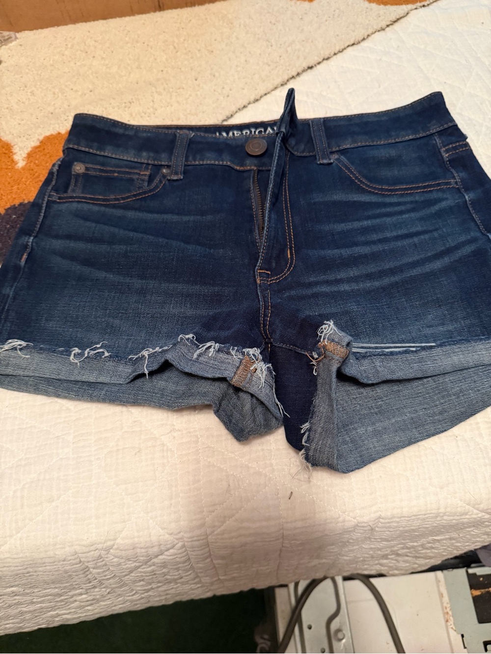 American Eagle Outfitters Dark Wash Frayed Hem Jean Shorts - Blue